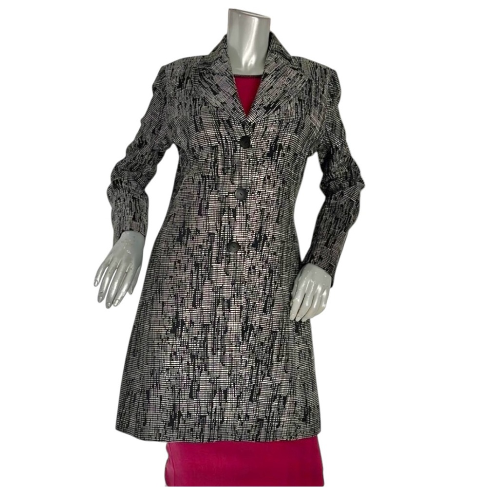 Womens Jacket 12 Black White Long Tweed Coat Dot Dash 3 Button Zanella Ariana